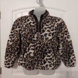 Soft Cuddly Sherpa Girl's Leopard Print Faux Fur Fleece Quarter-Zip Jacket